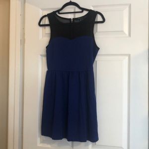 Blue skater dress with black mesh top